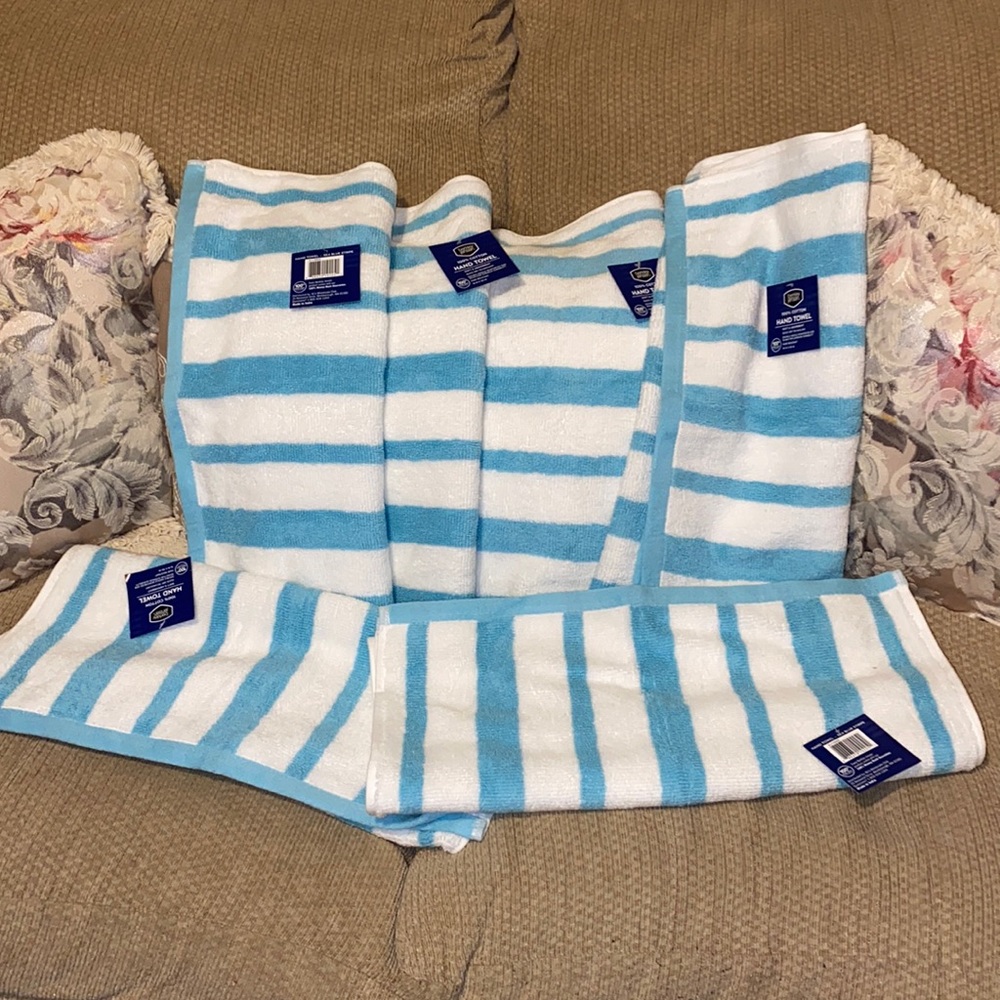 🩵🐚🩵NWT 100% Cotton Hand Towels Striped Agua/White Bundle Set